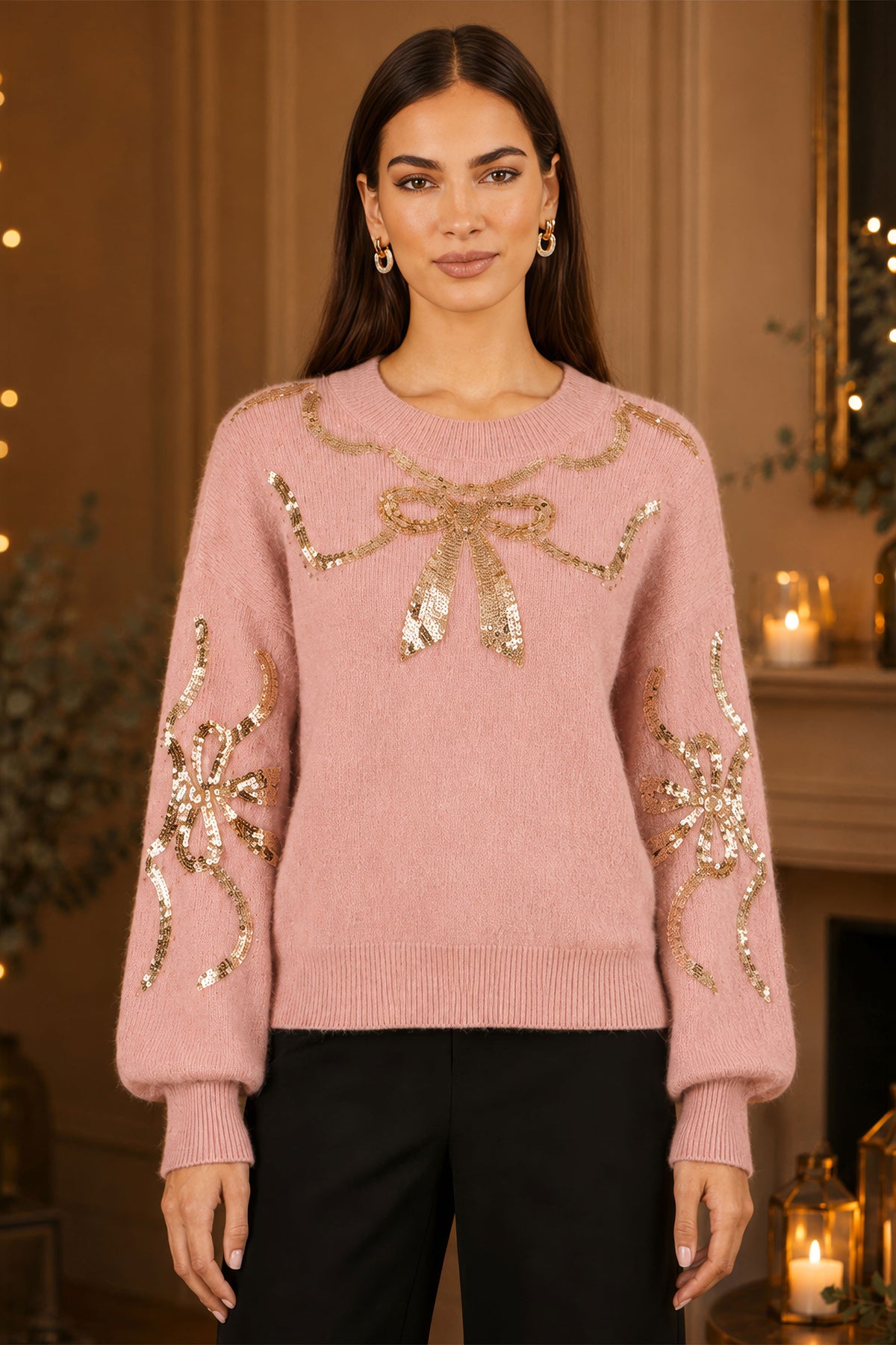 Yumi Pink Sequinned Bow Neckline Jumper