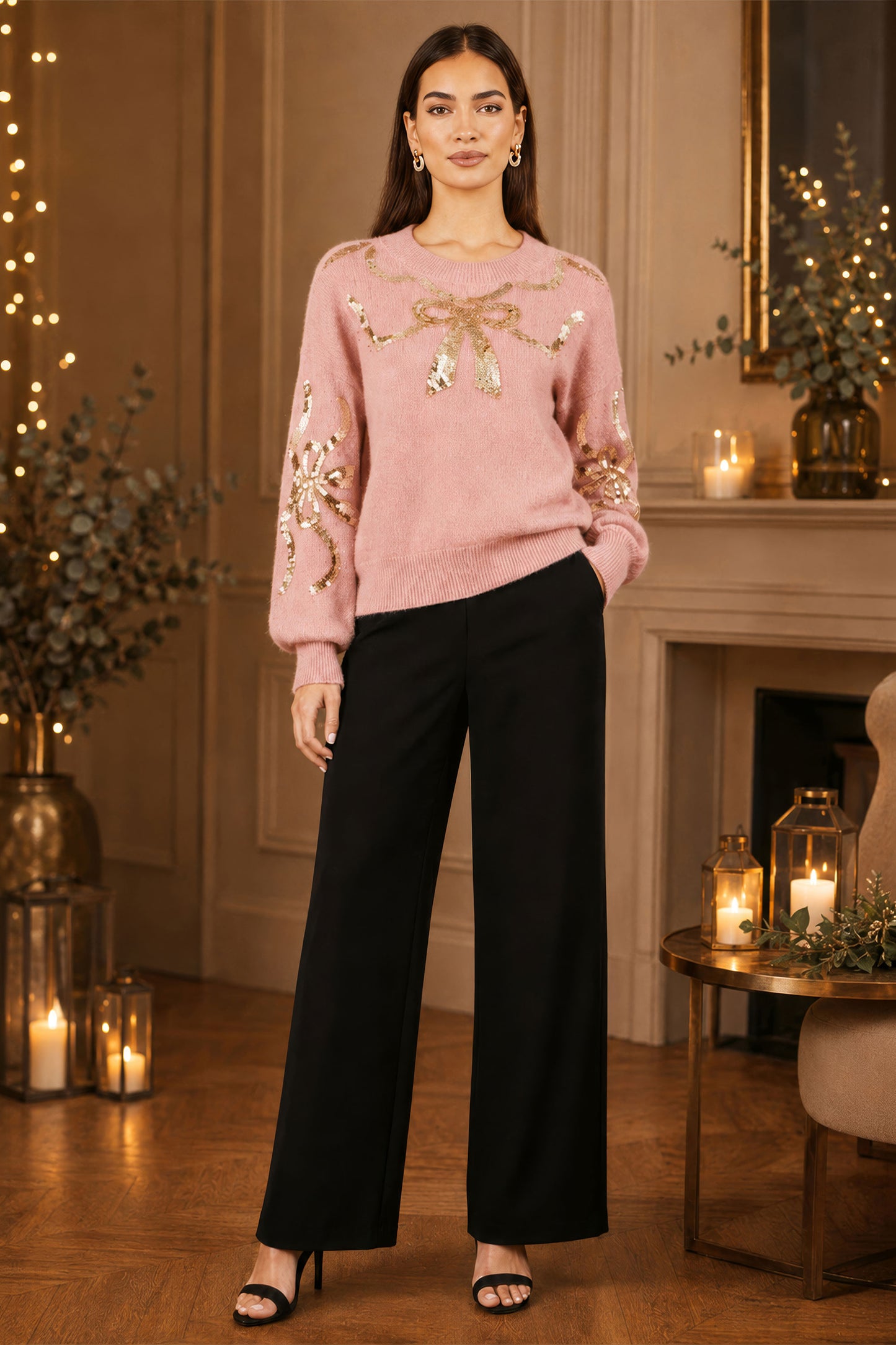 Yumi Pink Sequinned Bow Neckline Jumper