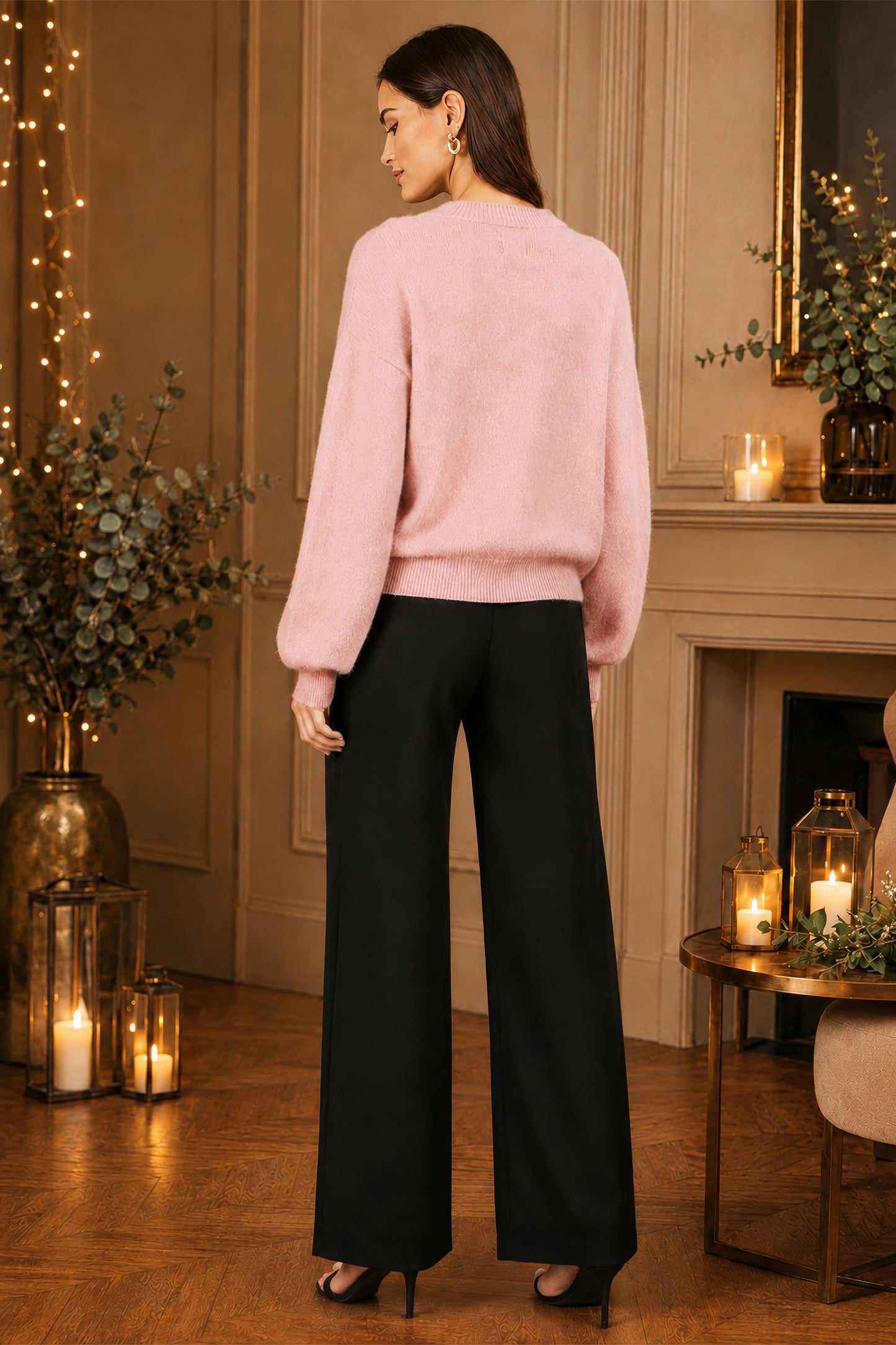 Yumi Pink Sequinned Bow Neckline Jumper