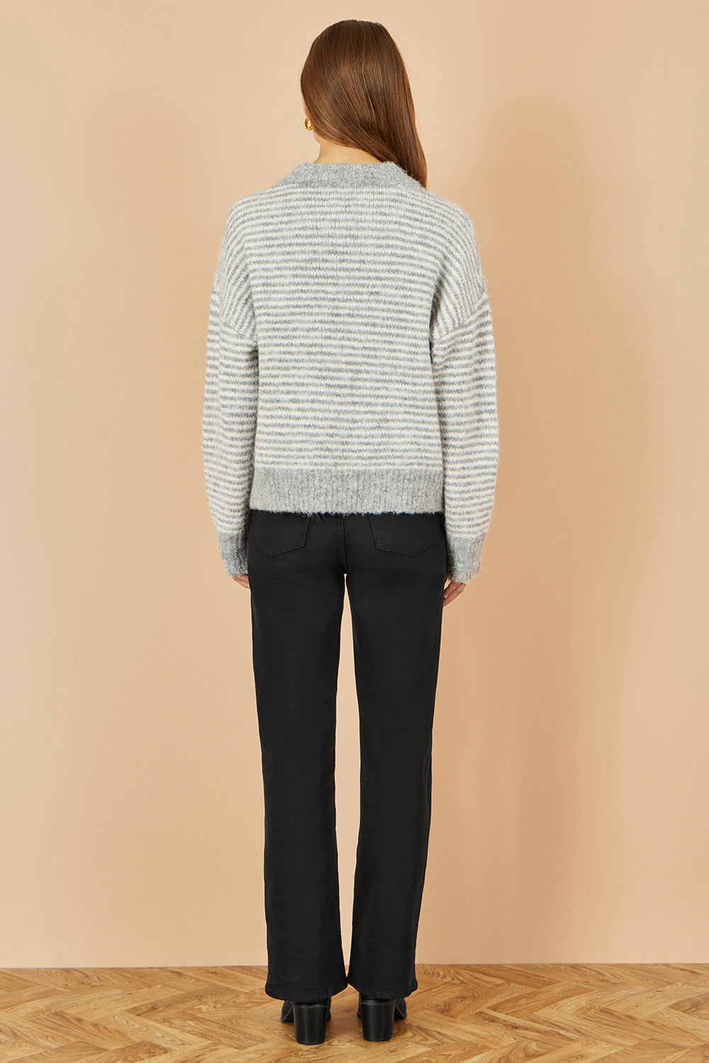 Yumi Grey Striped Relaxed Fit Jumper With Flowers Knit Jumper Yumi