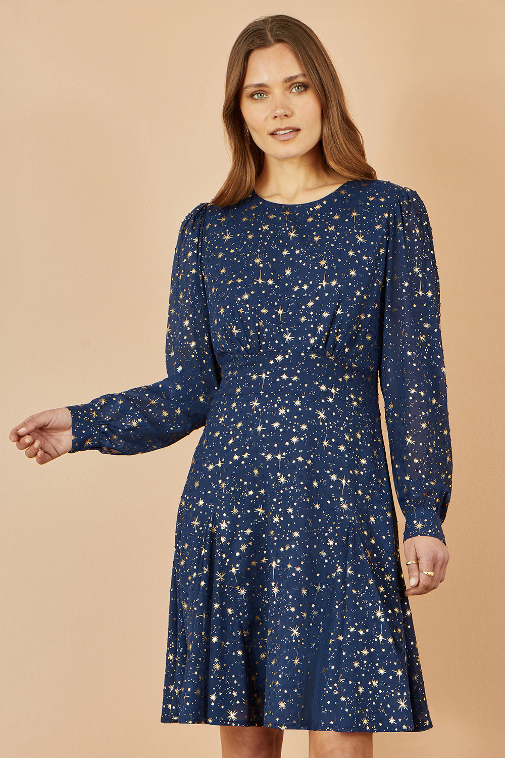 Yumi Navy Star Print Foil Long Sleeve Dress DRES Party Yumi