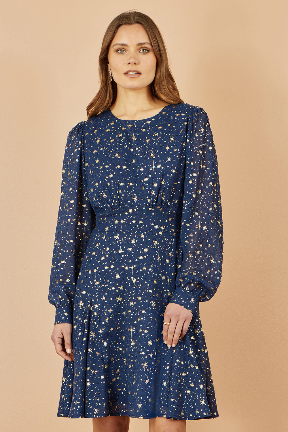 Yumi Navy Star Print Foil Long Sleeve Dress DRES Party Yumi