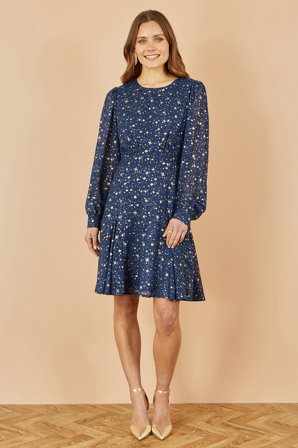 Yumi Navy Star Print Foil Long Sleeve Dress DRES Party Yumi