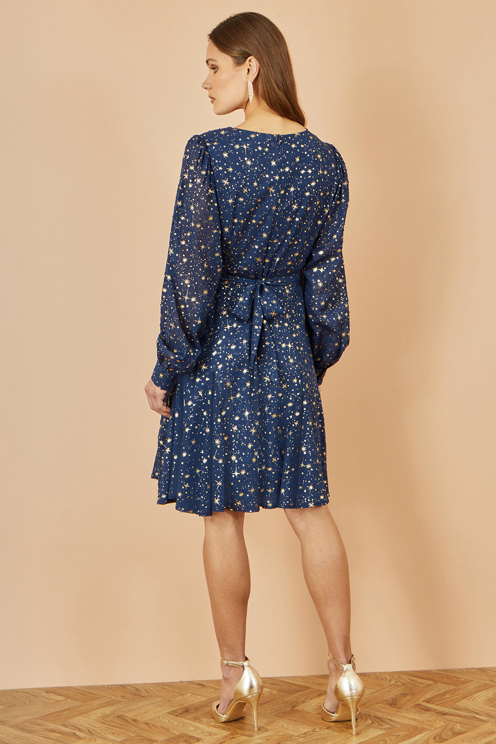 Yumi Navy Star Print Foil Long Sleeve Dress DRES Party Yumi