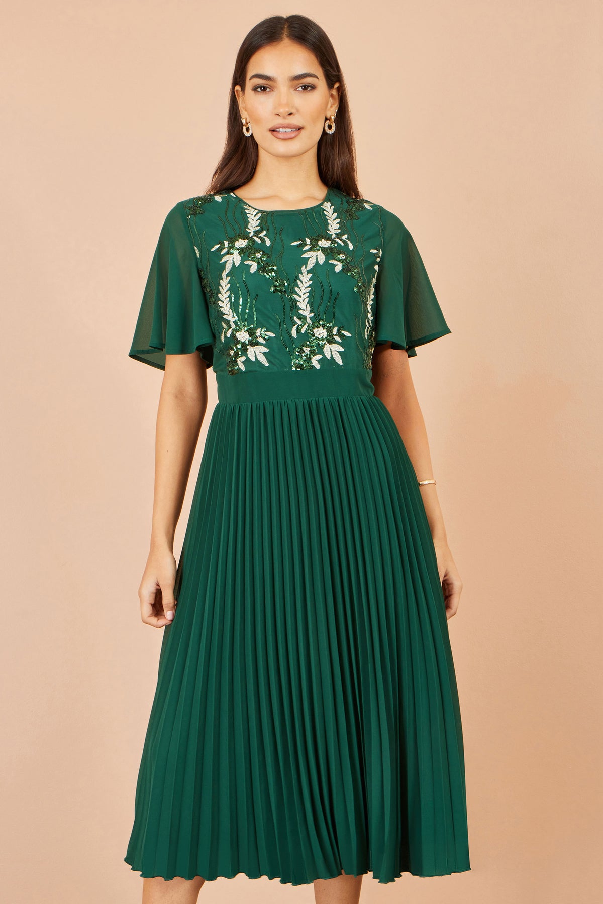 Yumi Green Sequin Embroidered Pleated Midi Dress Dress Party Yumi