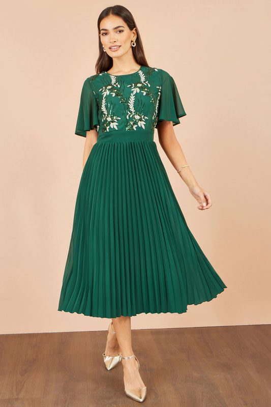 Yumi Green Sequin Embroidered Pleated Midi Dress Dress Party Yumi