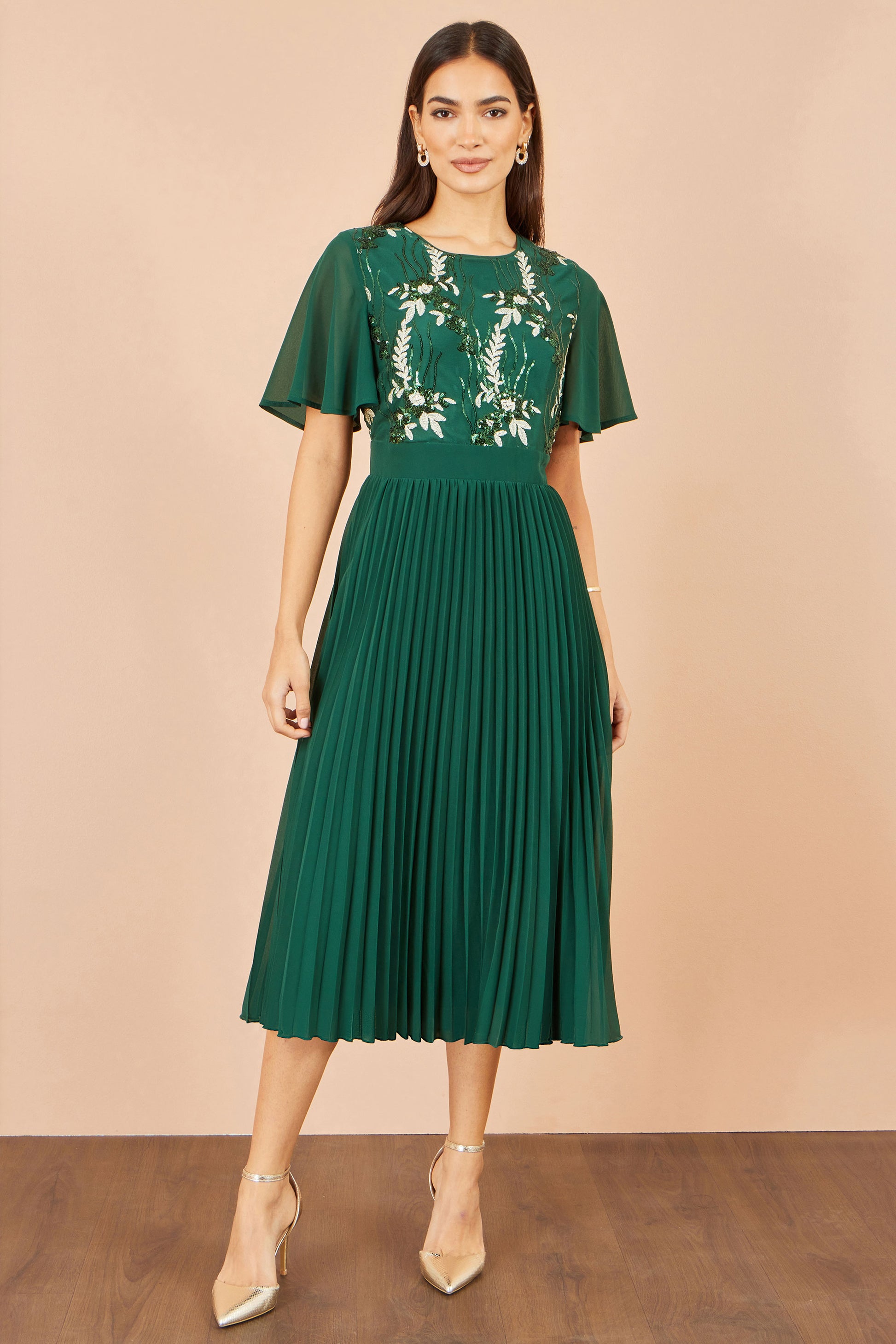 Yumi Green Sequin Embroidered Pleated Midi Dress Dress Party Yumi