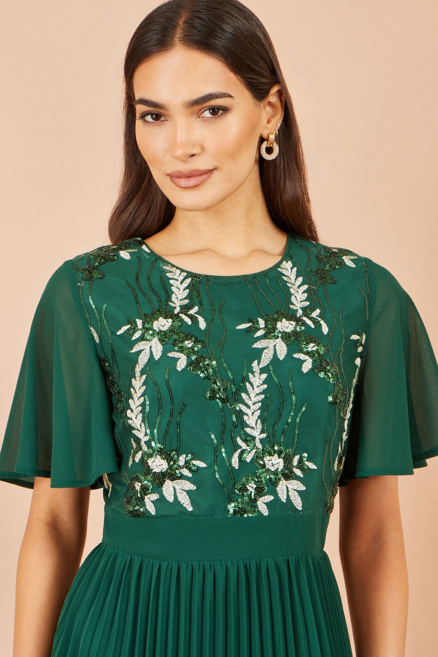 Yumi Green Sequin Embroidered Pleated Midi Dress Dress Party Yumi