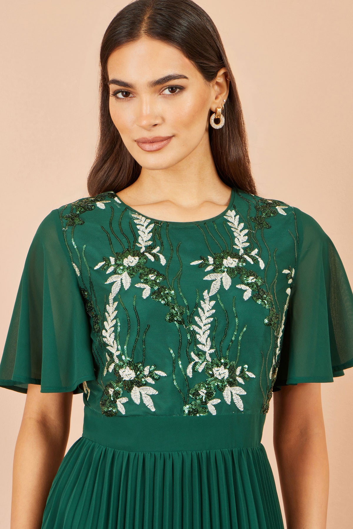 Yumi Green Sequin Embroidered Pleated Midi Dress Dress Party Yumi