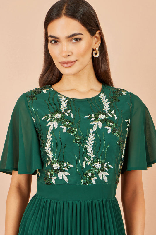 Yumi Green Sequin Embroidered Pleated Midi Dress Dress Party Yumi