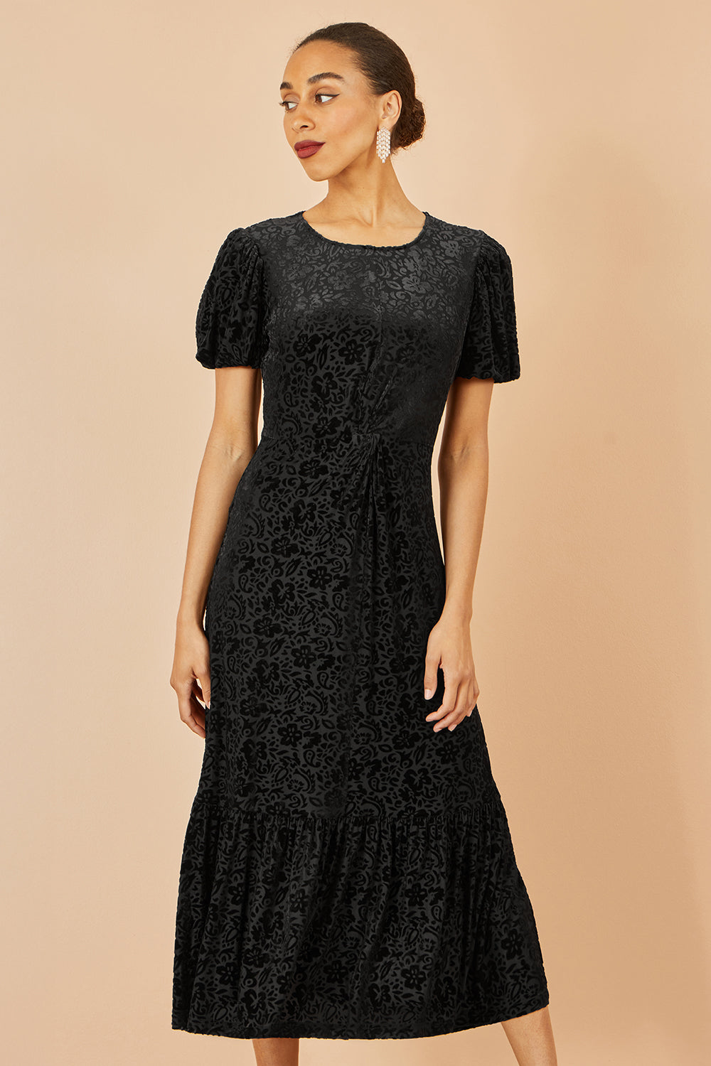 Yumi Black Floral Velour Velvet Twist Waist Midi Dress Dress Party Yumi
