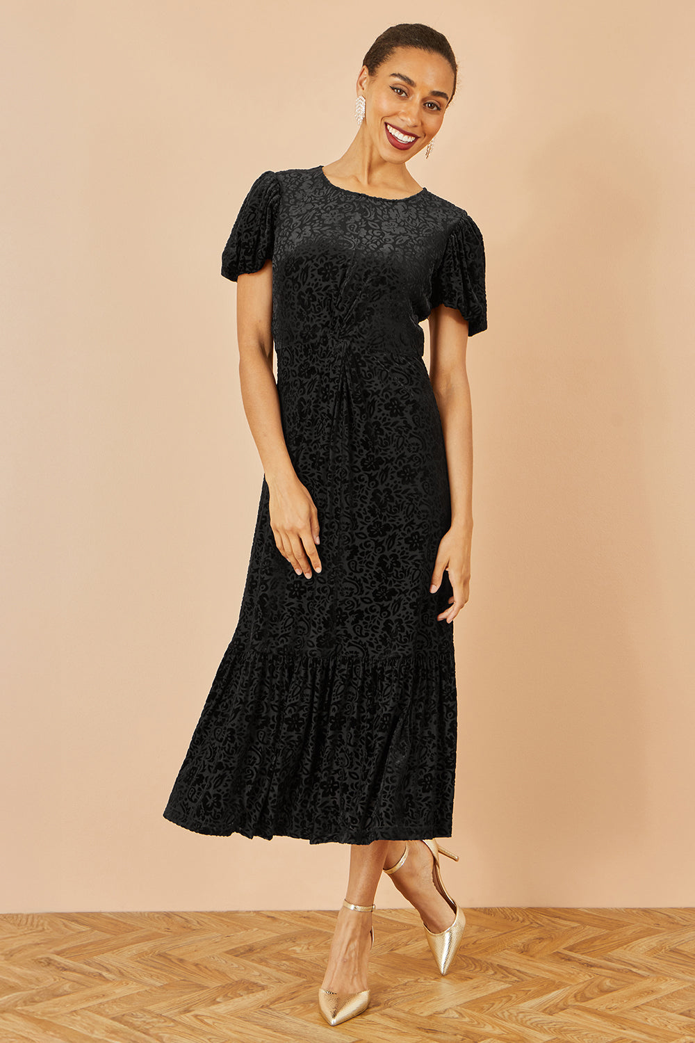 Yumi Black Floral Velour Velvet Twist Waist Midi Dress Dress Party Yumi