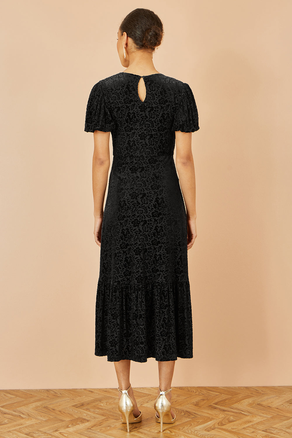 Yumi Black Floral Velour Velvet Twist Waist Midi Dress Dress Party Yumi