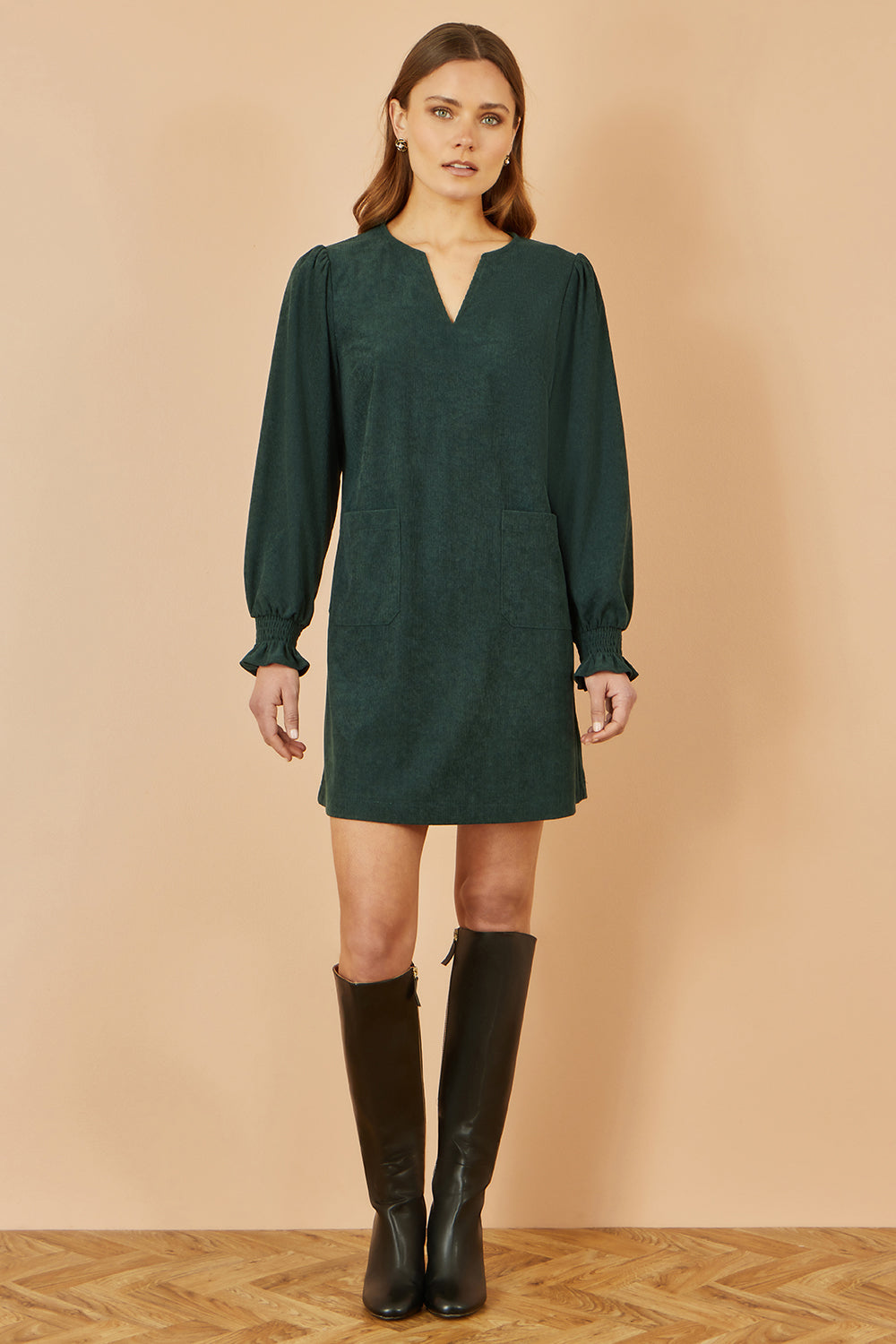 Yumi Green Cord Tunic With Ruched Sleeve Dress Casual Yumi