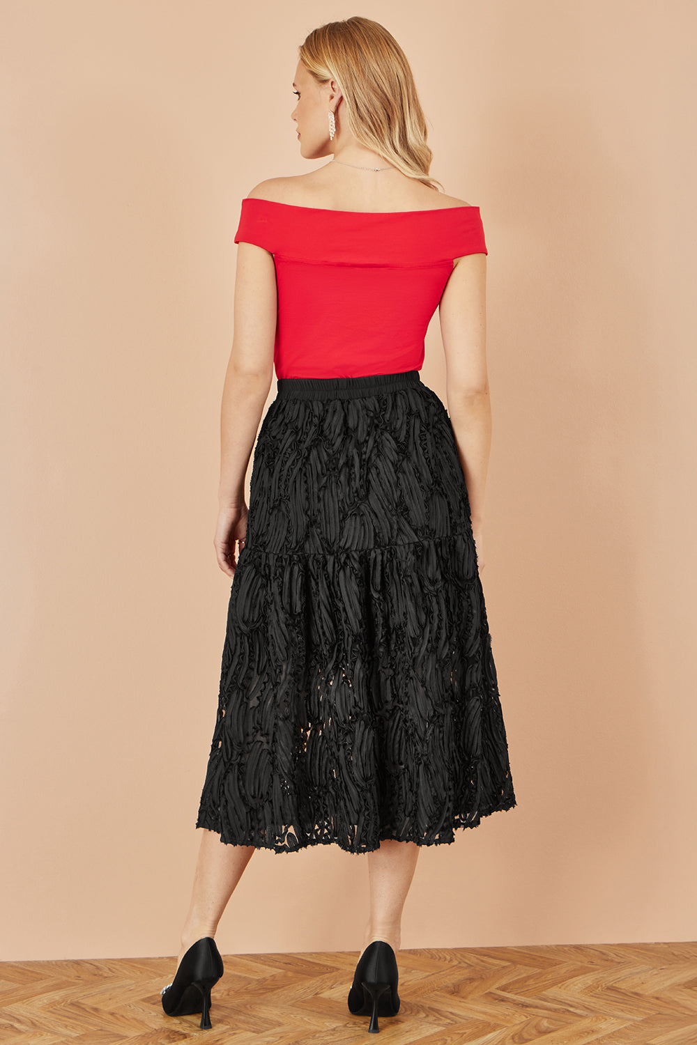 Yumi Black Mesh Applique Sequin Midi Skirt Skirts Yumi