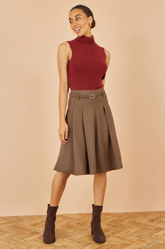 Yumi Brown Pleated Midi Skirt With Matching Belt Skirts Yumi
