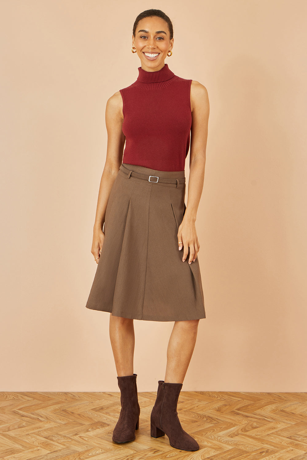 Yumi Brown Pleated Midi Skirt With Matching Belt Skirts Yumi