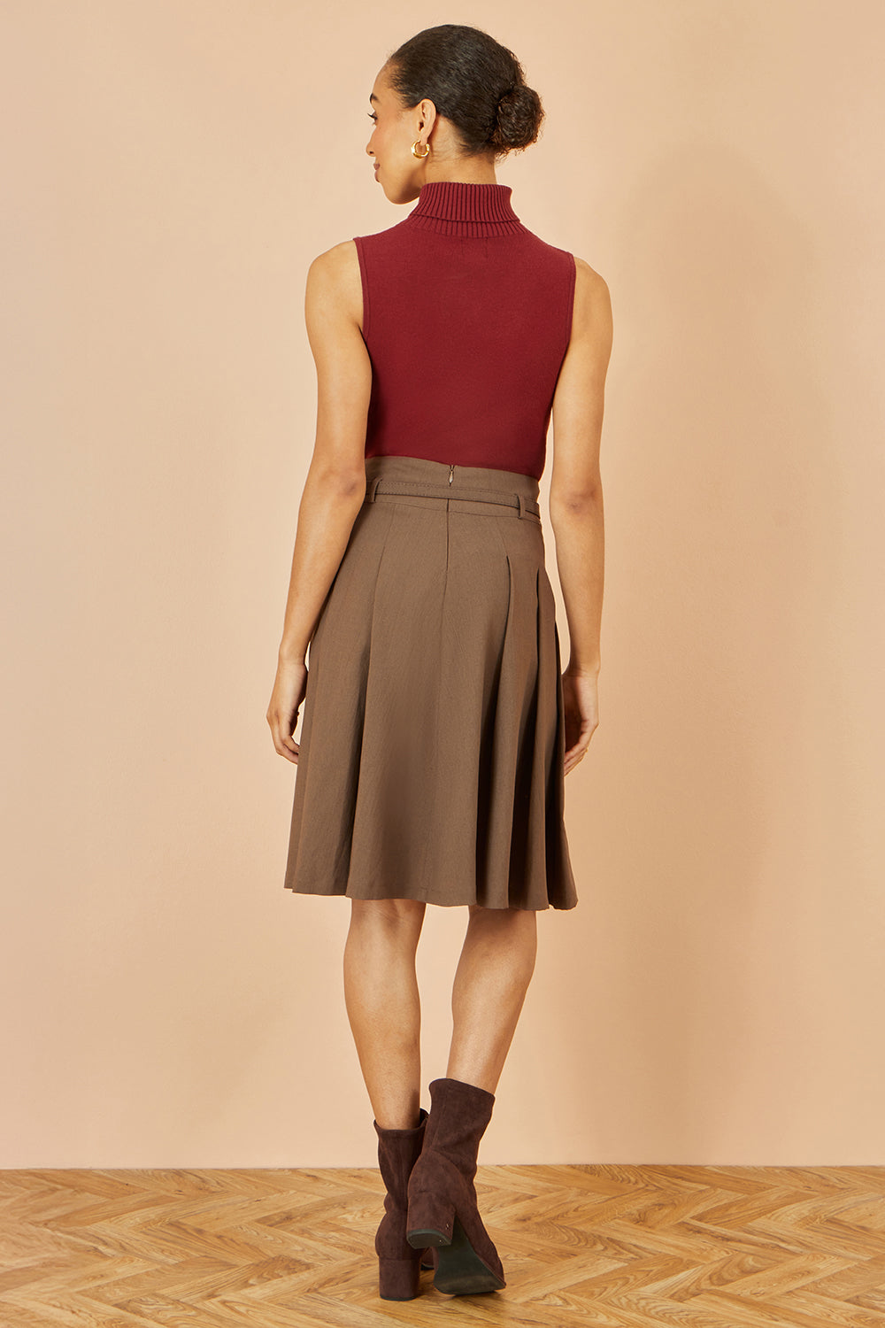 Yumi Brown Pleated Midi Skirt With Matching Belt Skirts Yumi