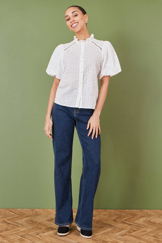 Yumi White Broderie Anglaise Puff Sleeve Shirt Top Yumi