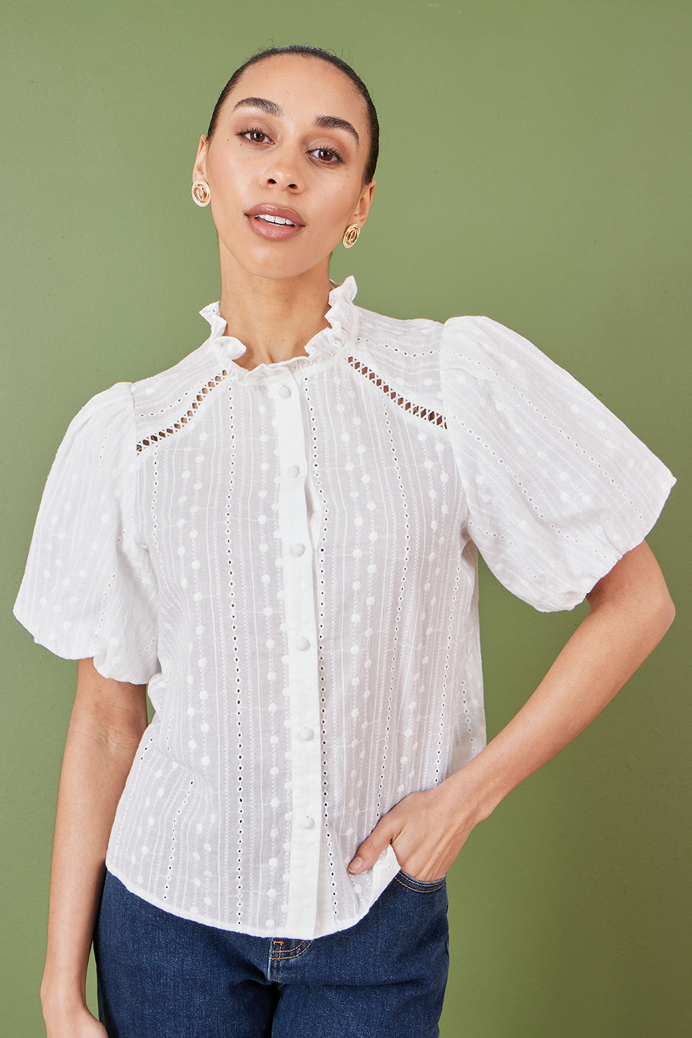 Yumi White Broderie Anglaise Puff Sleeve Shirt Top Yumi