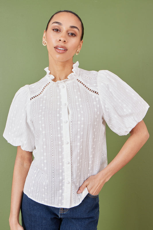 Yumi White Broderie Anglaise Puff Sleeve Shirt Top Yumi
