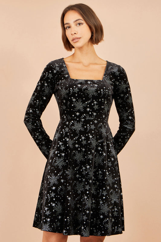 Yumi Black Starburst Foil Print Long Sleeve Skater Dress Dress Party Yumi