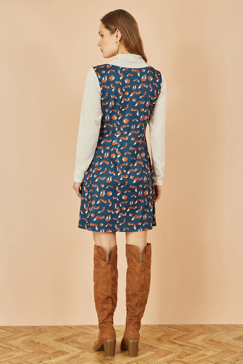 Yumi Navy Fox Long Sleeve Layered Tunic Dress With Front Pocket Dress Casual Yumi