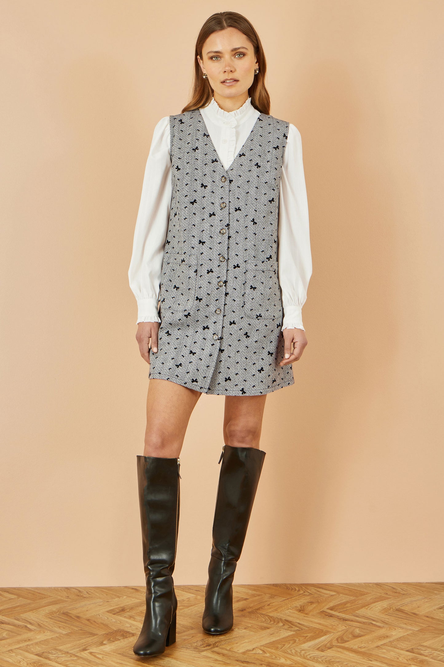 Yumi Grey Bow Print Pinafore Dress With Button Up Dress Casual Yumi