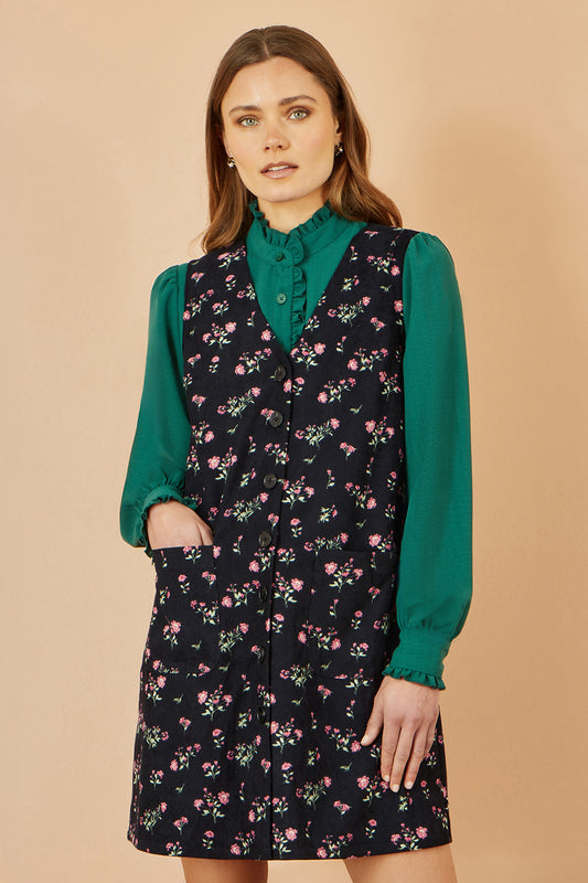 Yumi Black Floral Print Pinafore Dress With Button Up Dress Casual Yumi