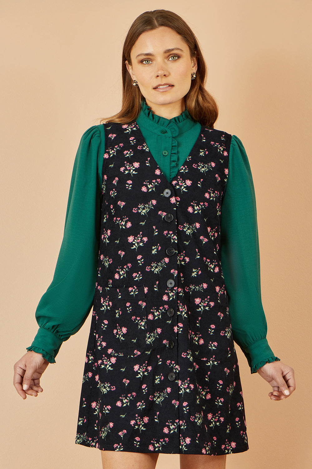 Yumi Black Floral Print Pinafore Dress With Button Up Dress Casual Yumi