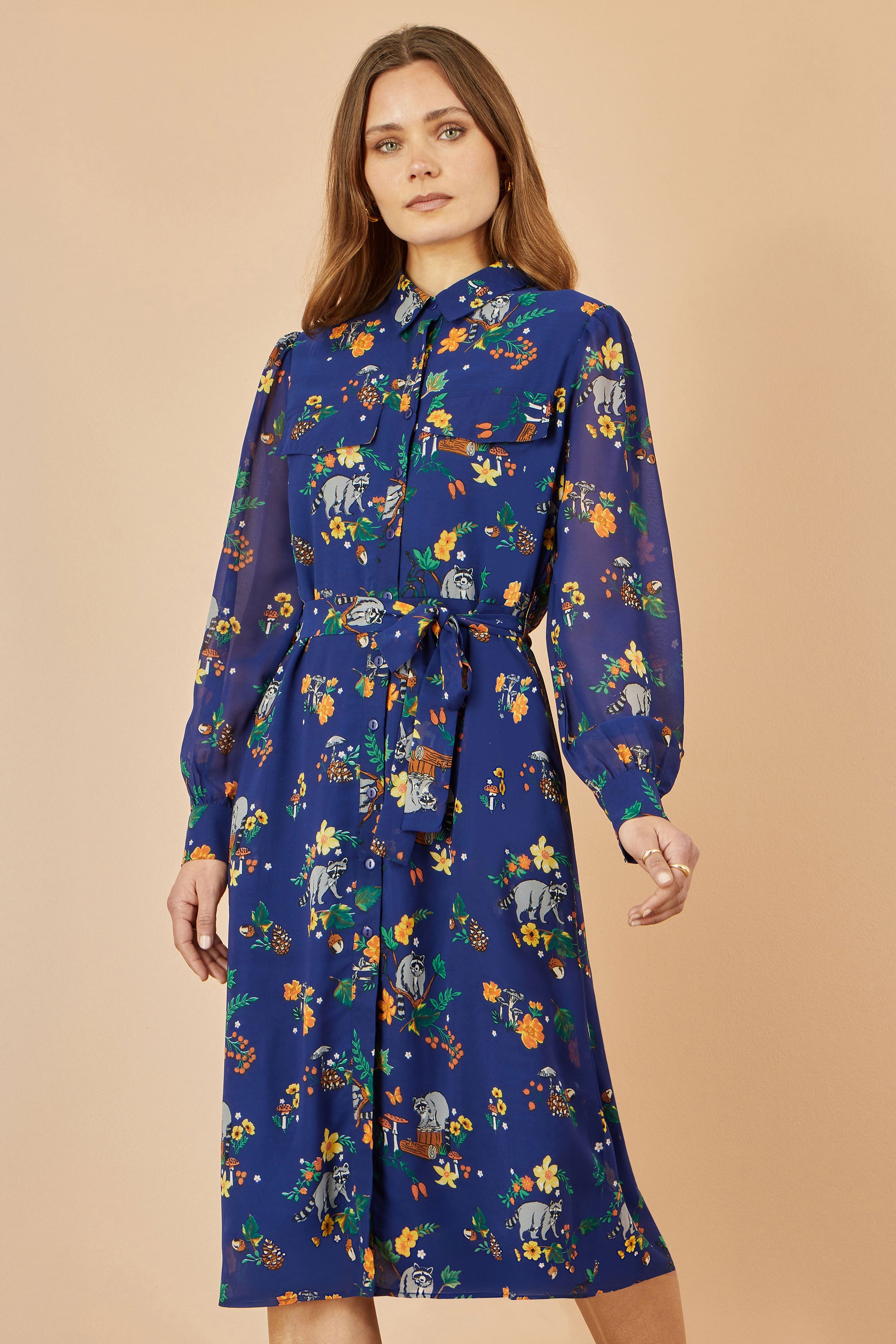 Yumi Recycled Navy Raccoon Print Shirt Midi Dress Dress Casual Yumi