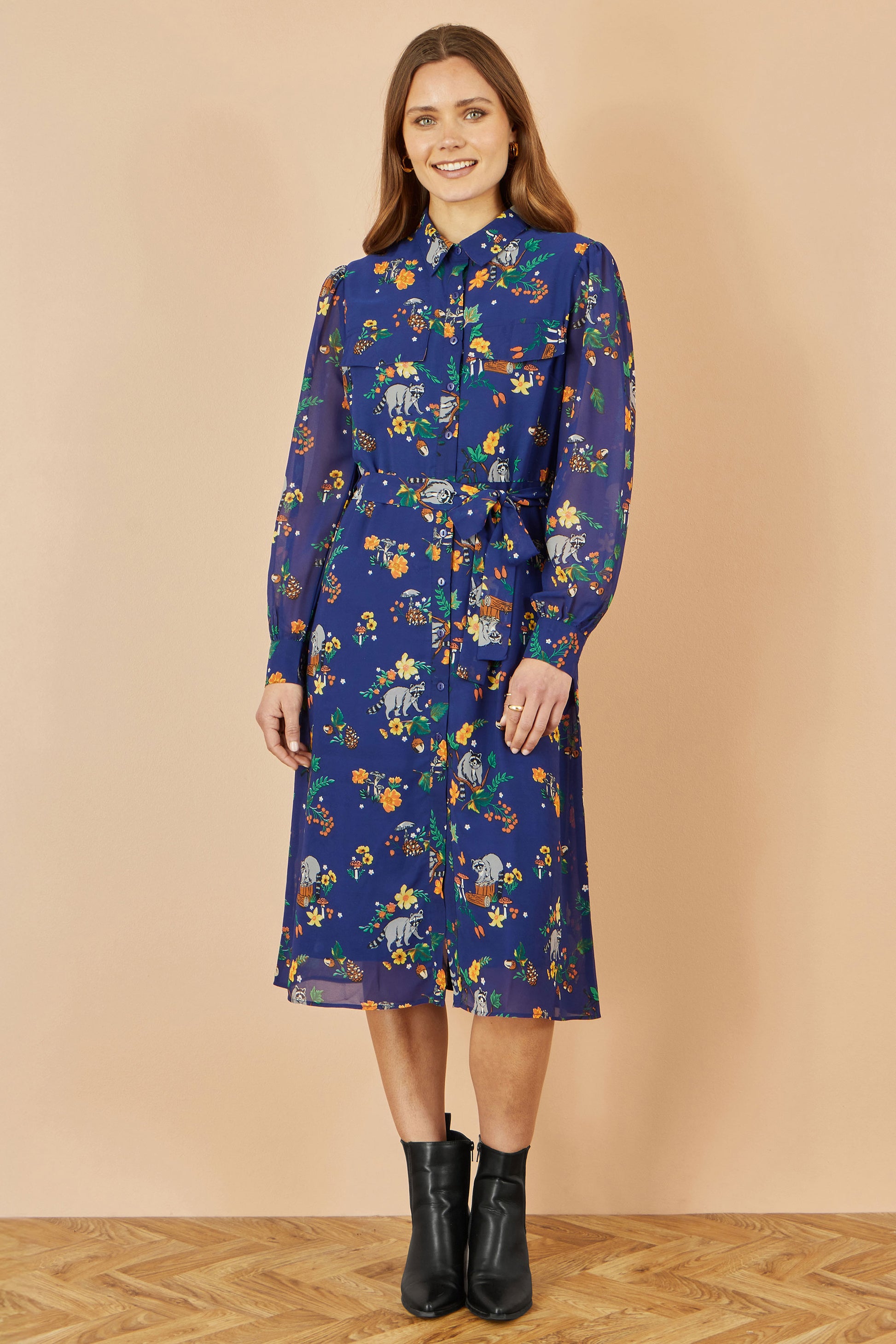 Yumi Recycled Navy Raccoon Print Shirt Midi Dress Dress Casual Yumi