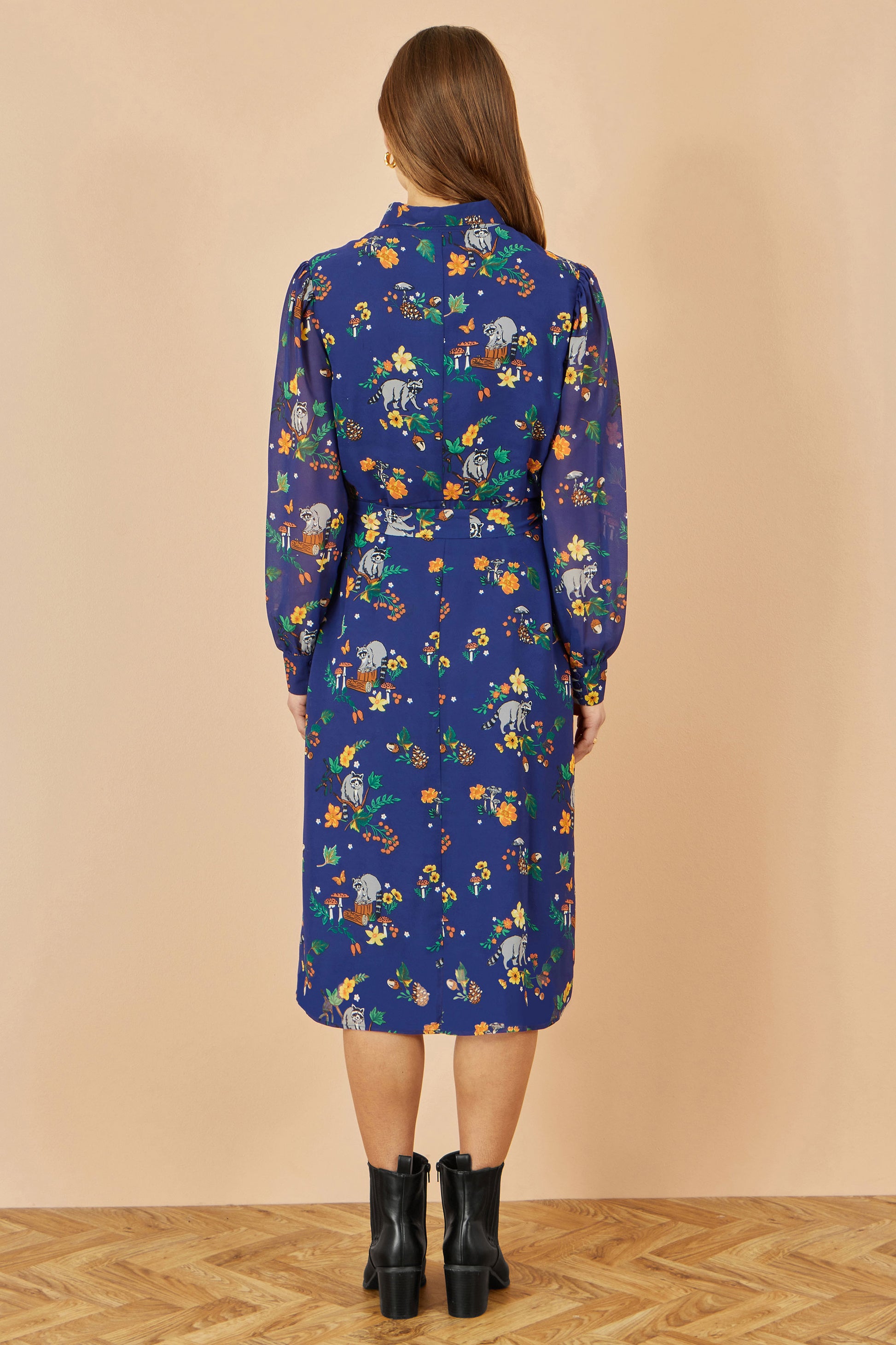Yumi Recycled Navy Raccoon Print Shirt Midi Dress Dress Casual Yumi