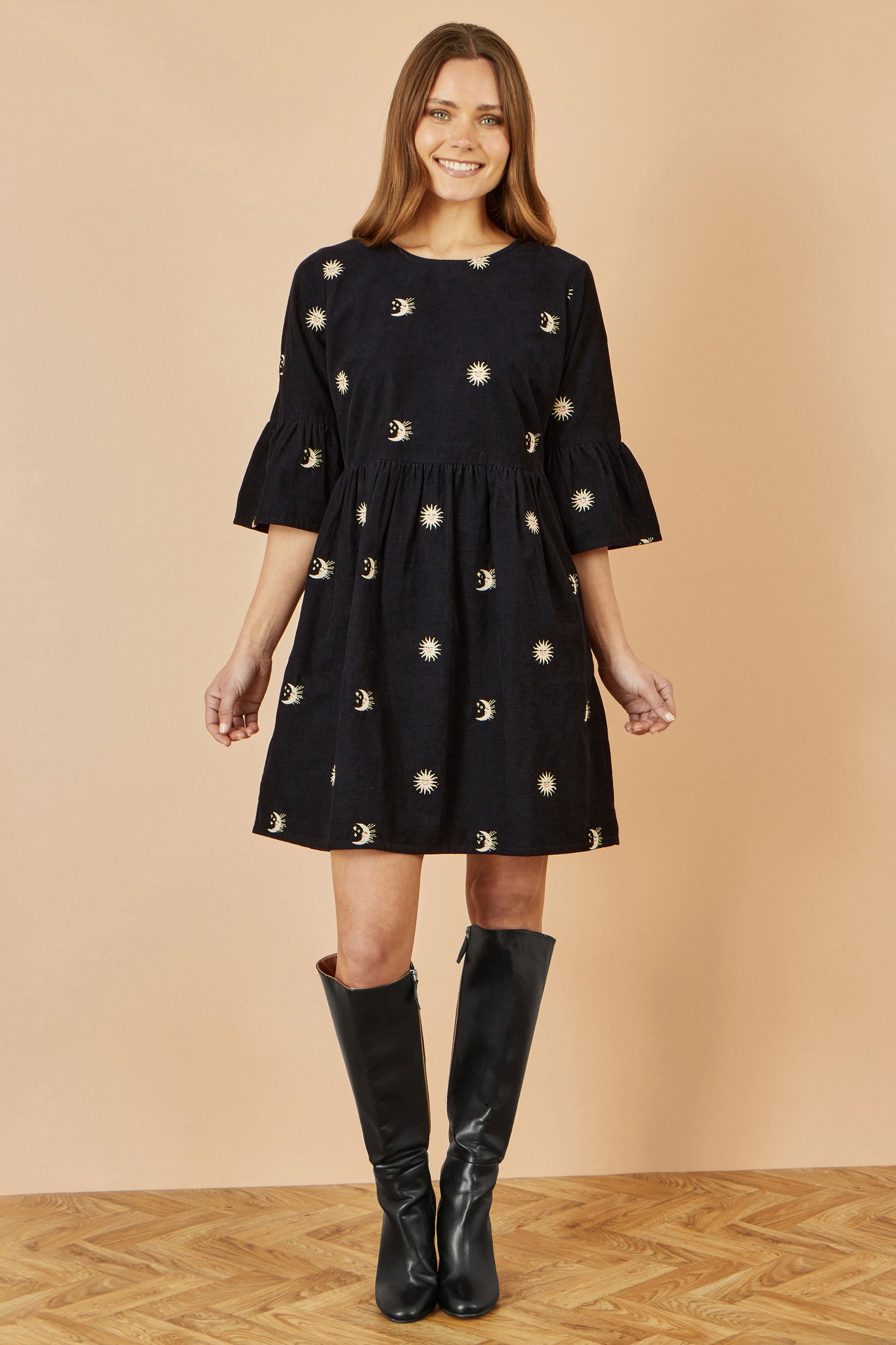Yumi Black Cosmic Embroidery Cord Tunic Dress Dress Casual Yumi
