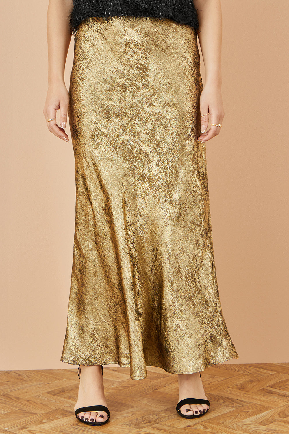 Yumi Gold Satin Midi Skirt Skirts Yumi