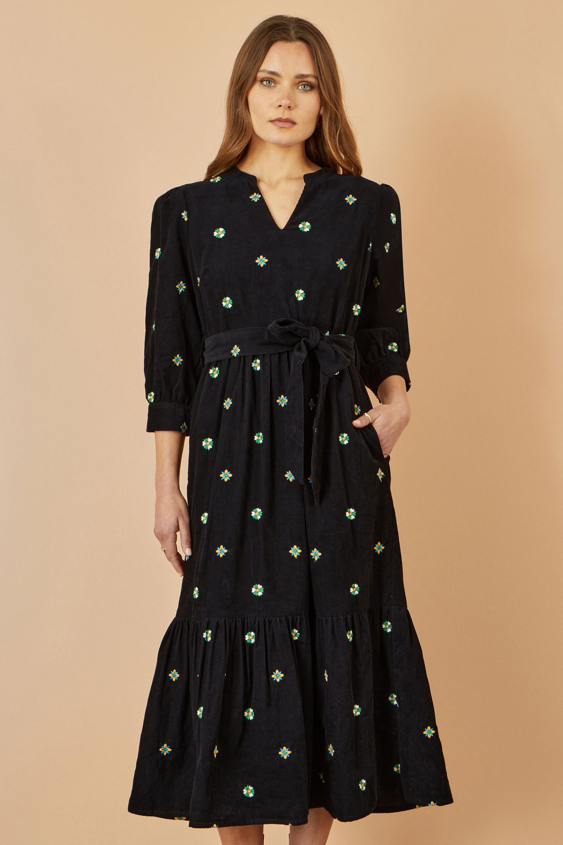 Yumi Black Flower Embroidery Midi Cord Dress Dress Casual Yumi
