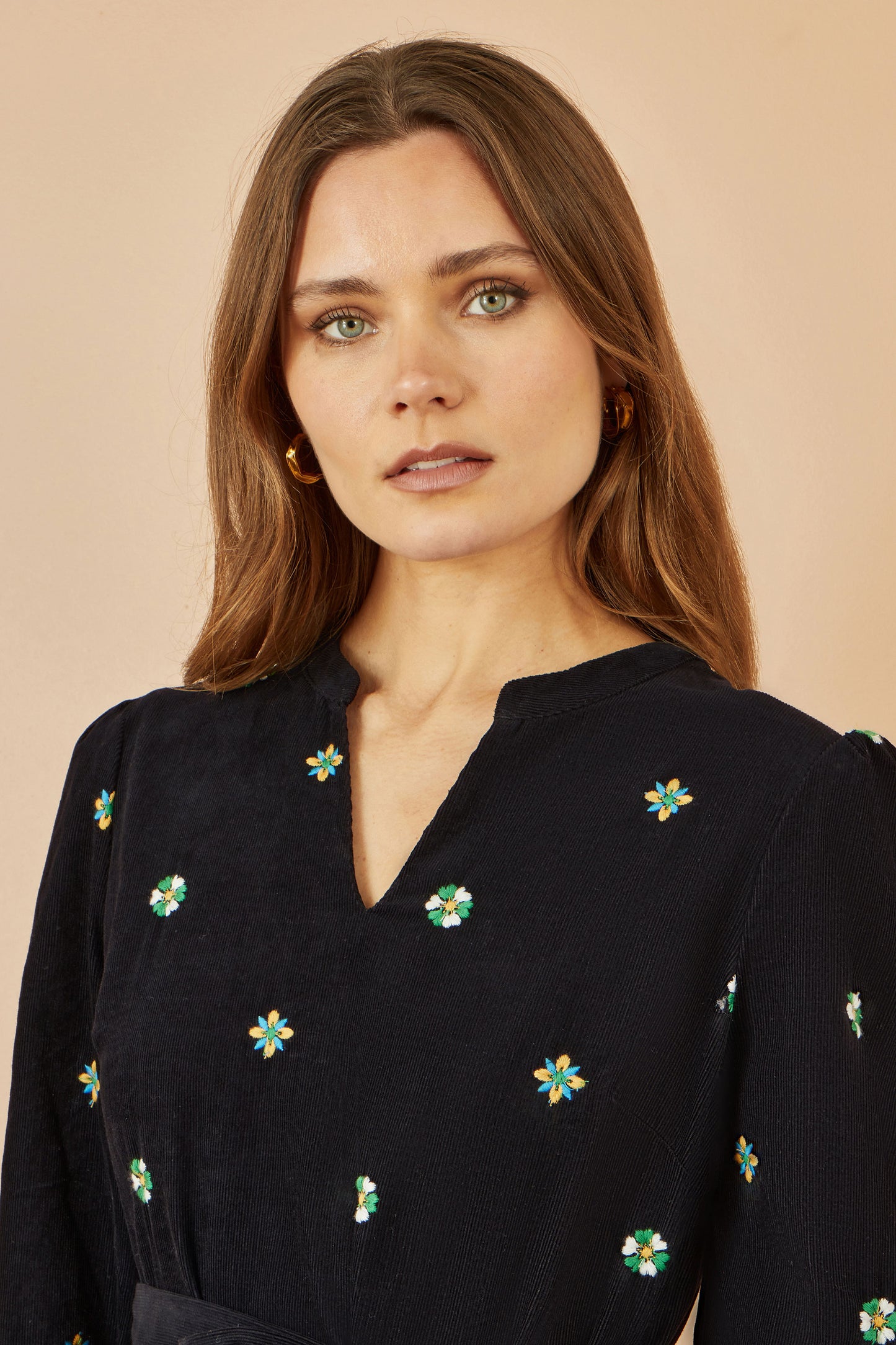Yumi Black Flower Embroidery Midi Cord Dress Dress Casual Yumi
