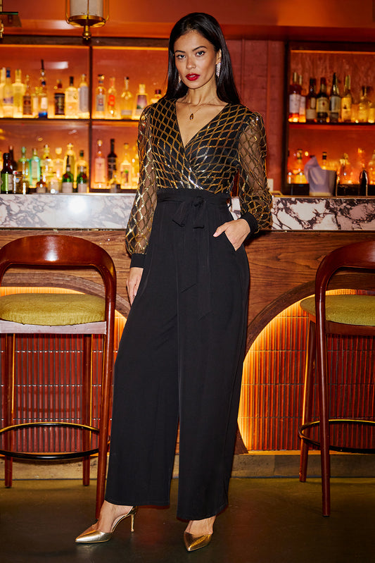Yumi Black And Gold Sequin Wrap Over Jumpsuit JUMPSUIT Yumi