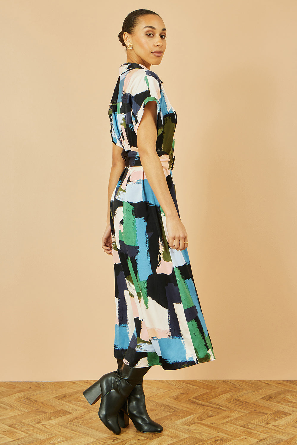 Yumi Blue Brushstroke Print Relaxed Midi shirt Dress Dress Casual Yumi