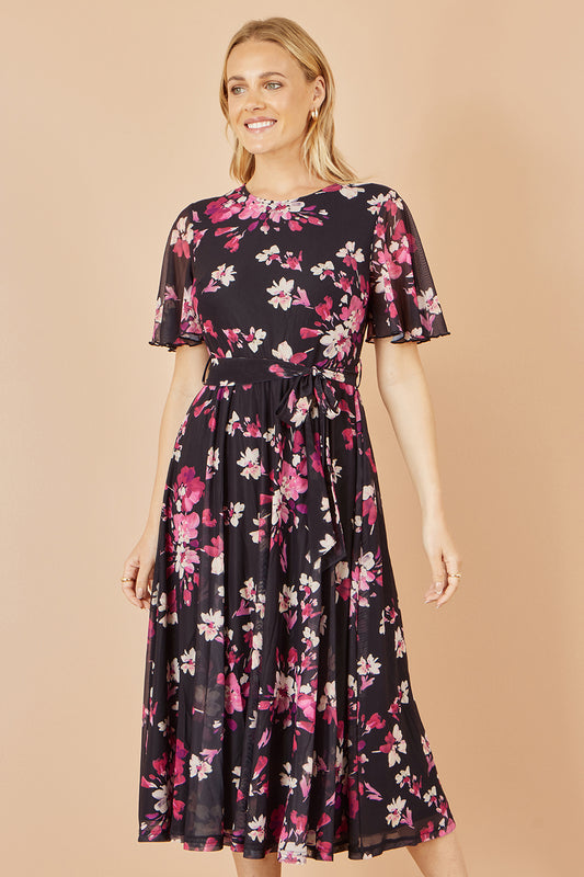 Yumi Black Mesh Skater Floral Midi Dress Dress Occasion Yumi
