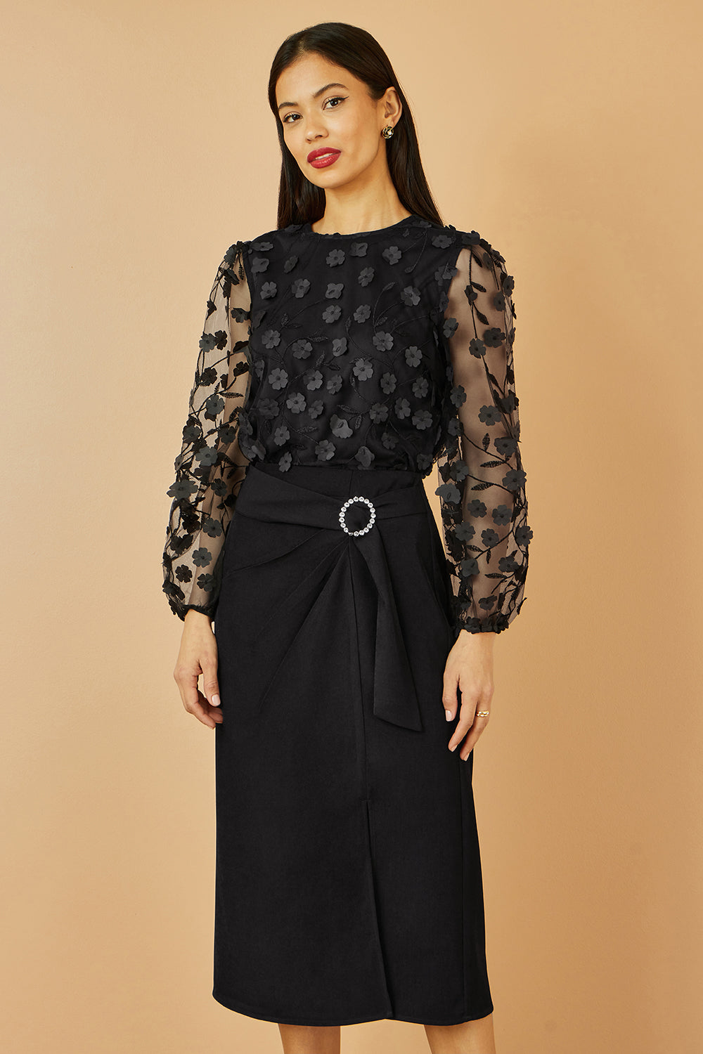 Yumi Black Sheer Sleeve Applique Flower Top Top Yumi