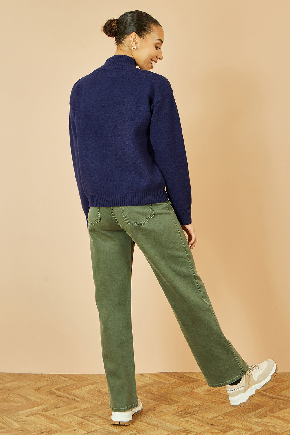Yumi Navy Knitted High Neck Jumper With Applique Flowers Knit Jumper Yumi