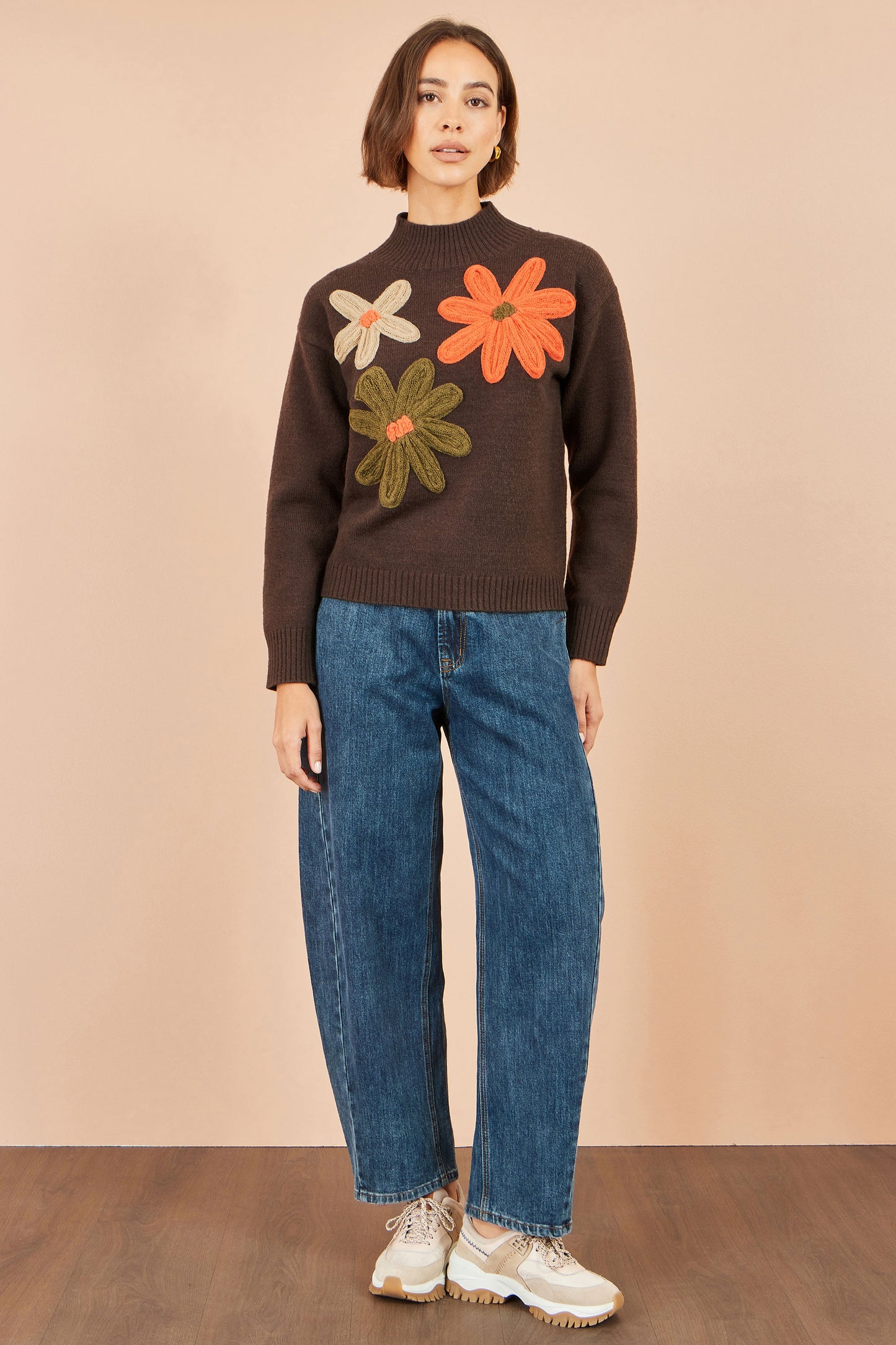 Yumi Brown Knitted High Neck Jumper With Applique Flowers Knit Jumper Yumi