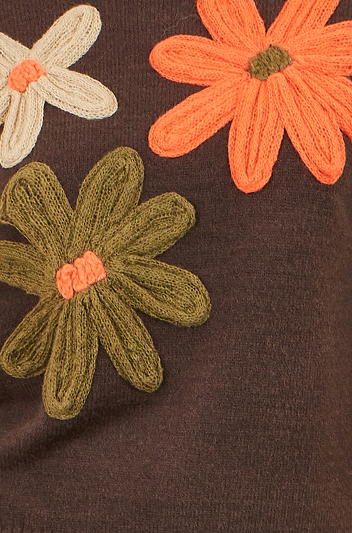 Yumi Brown Knitted High Neck Jumper With Applique Flowers Knit Jumper Yumi