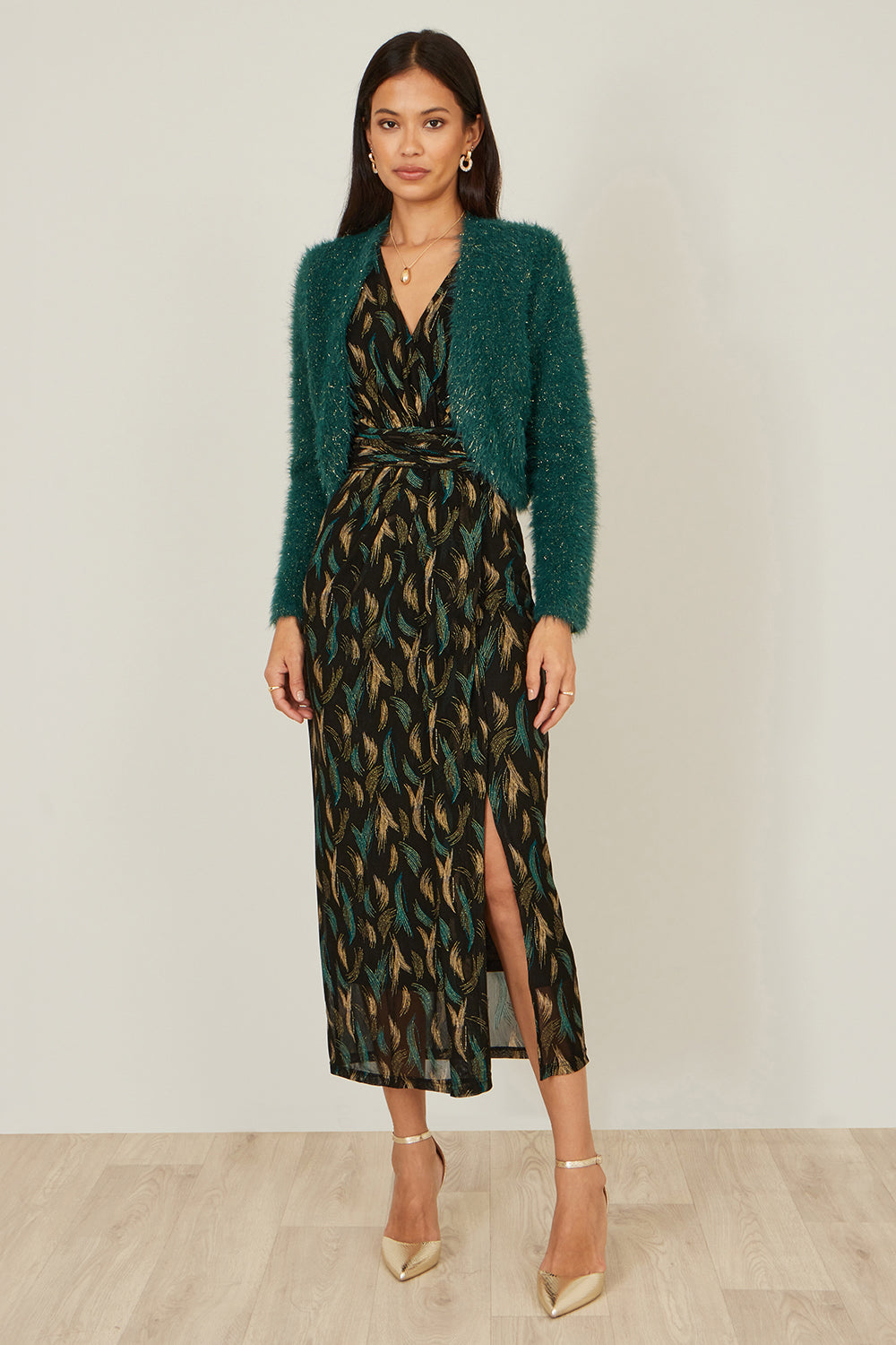 Yumi Green Metallic Fluffy Eyelash Bolero Knit Cardigan Yumi