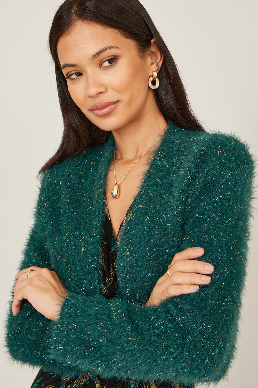 Yumi Green Metallic Fluffy Eyelash Bolero Knit Cardigan Yumi