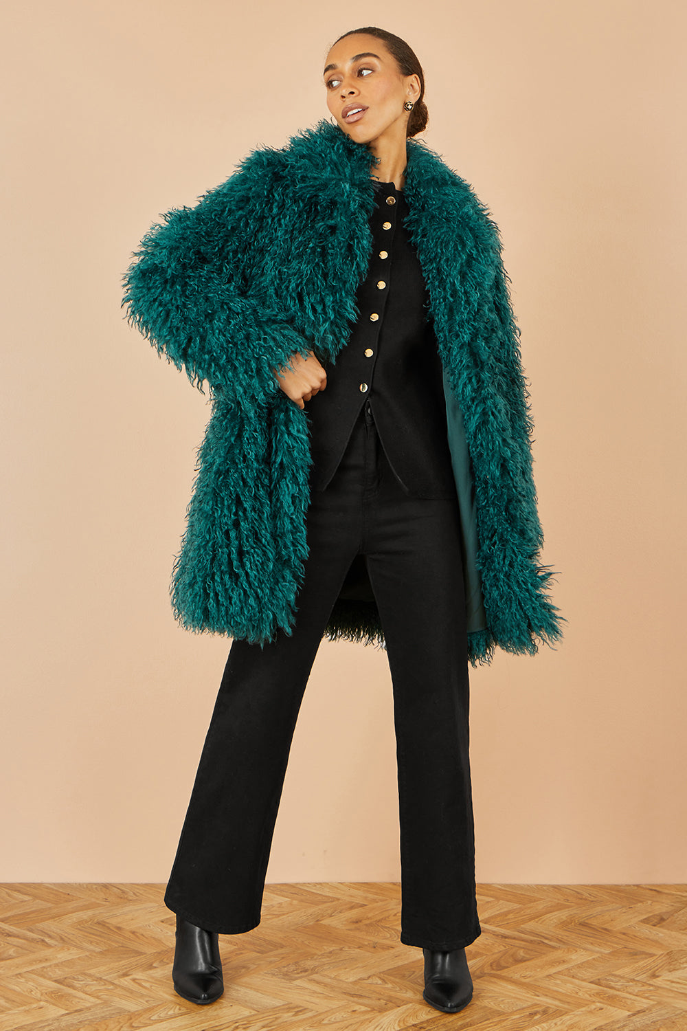 Yumi Teal Luxe Long Hair Fur Coat COAT Yumi
