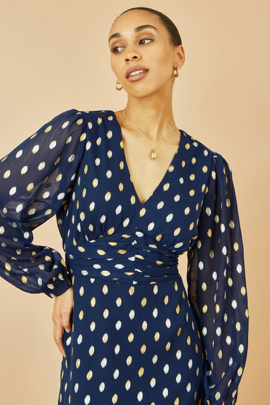 Yumi Navy Foil Print Midi Dress Dress Party Yumi