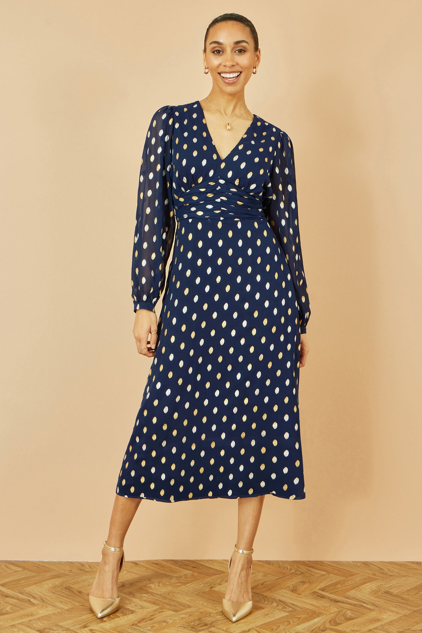 Yumi Navy Foil Print Midi Dress Dress Party Yumi