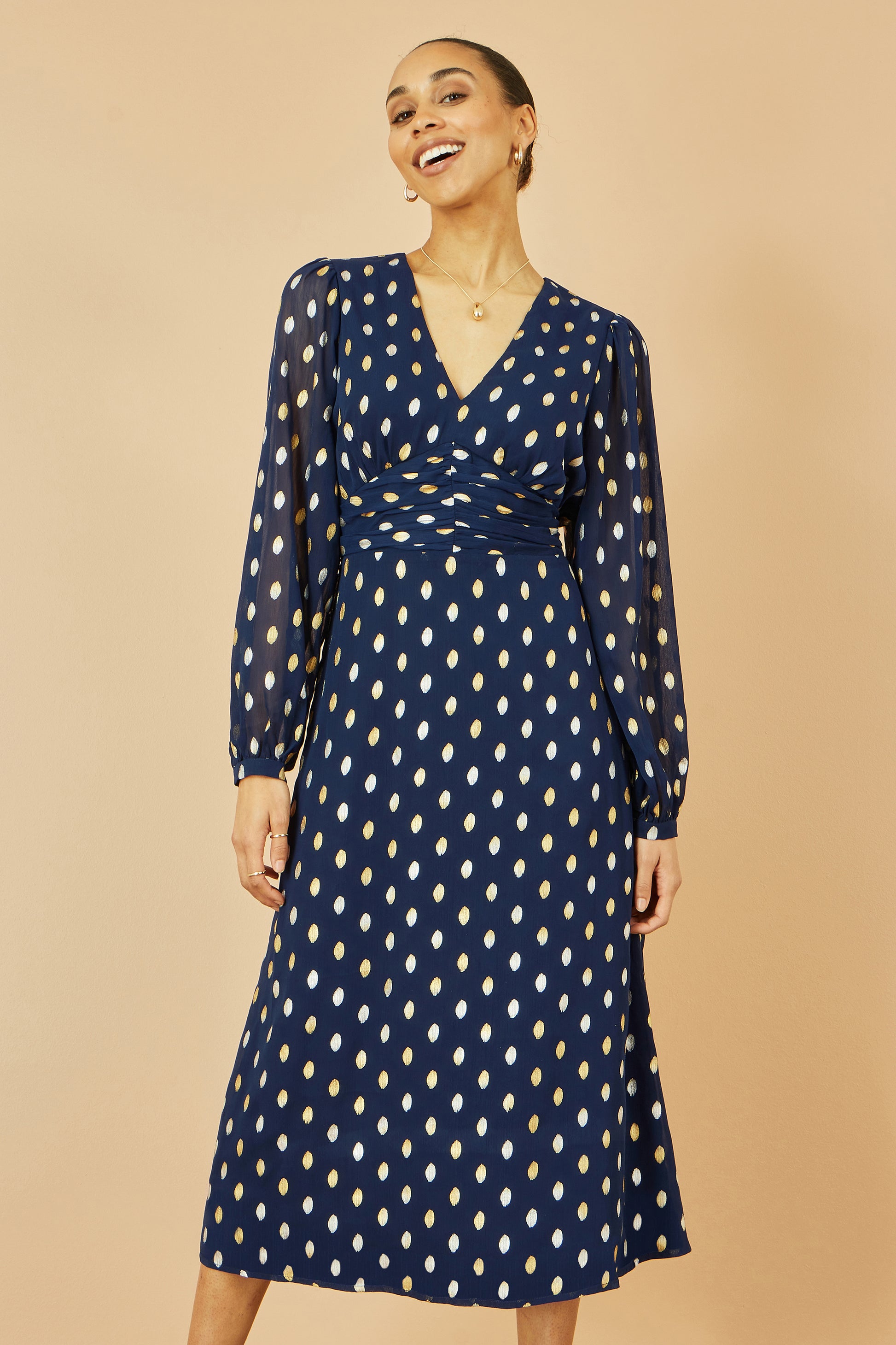 Yumi Navy Foil Print Midi Dress Dress Party Yumi